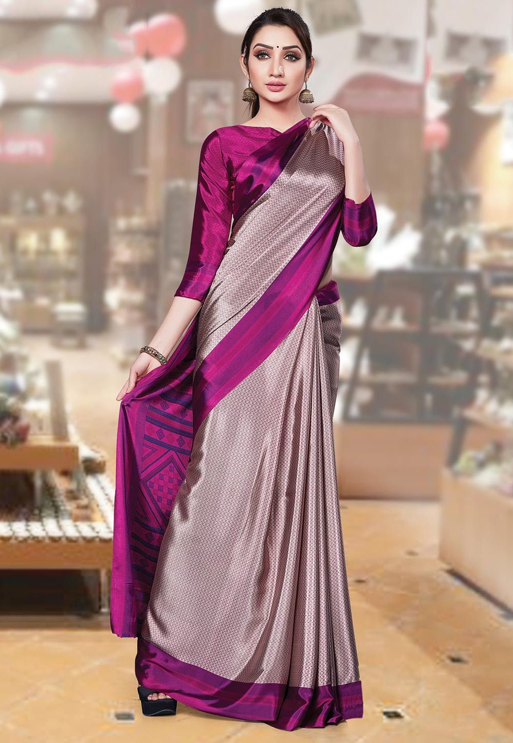 Faux Marble Print Crepe Saree