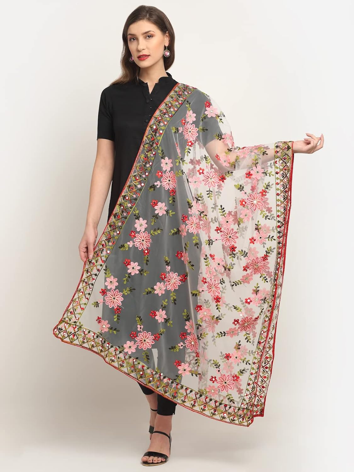 Floral Organza Scalloped Dupatta